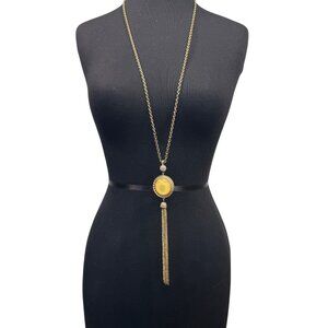 Vintage Long Gold Tone Pendant Necklace Yellow Cream Reversible Stone